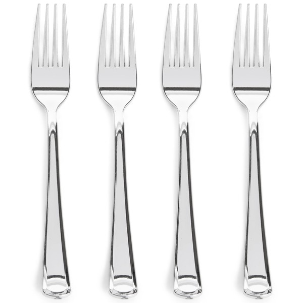 Prestee 100 Silver Plastic Forks Heavy-Duty, Heavyweight Plastic Silverware Forks, Fancy Plastic Cutlery, Elegant Disposable Forks Pack, Bulk Disposable Flatware, Plastic Utensils Set, Forks Plastic