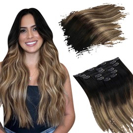 Ugeat Clip in Hair Extensions Real Human Hair Ombre Black to Brown Mix Caramel Blonde Thick Clip in Extensions Human Hair Balayage for Short 14 Inch 7Pcs 105G