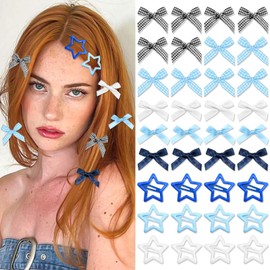 STGDAK 36 Pcs Star Hair Clips Non Slip Bow Hair Clips Mini Star Snap Barrettes Blue Hair Bows Cute Alligator Clips Ribbon Plaid Bow Kawaii Y2k Hair Accessories For Women Girls
