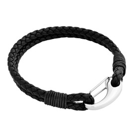 Edforce Braided Genuine Leather 2-Strand Cuff Bracelet with Stainless Steel Clasp (Black)