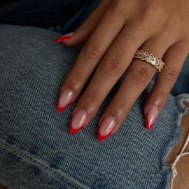 30Pcs Red French Tip Press on Nails Short Almond Nails Press ons, Short Fake Nails Almond Shaped Acrylic French Glue on Nails False Nail for Women, Natural Stiletto Nail 15 Sizes