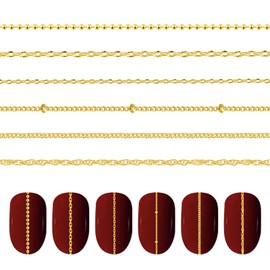 6 Strips Nail Charm Chains for Nail Art Chains Gold Studs Nail Charms Nail Strips Punk, 3D Nail Art Chain Supplies Metal Nail Caviar Beads Chain Accessories for DIY Nails Art Decoration