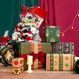 6 Sheets Christmas Wrapping Paper, Red Green Kraft Wrapping Paper Set for Girls Boys Women Men, 6 Designs Xmas Vintage Gift Wrapping Paper for Christmas Birthday New Year Holiday, 20×30 Inches.