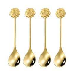 Rose Flower Coffee Spoons, Set of 10 Stainless Steel Gold Spoons for Desserts, Tea, Ice Cream, Cafe, Bar - Elegant and Durable Tableware