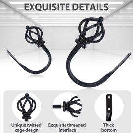 KAMANINA Decorative Curtain Drapery Holdbacks for Wall, Black Curtain Tiebacks Holders with Screws Wall Mounted for Drapes Window Home Decoration, Twisted Cage Finials, 1 Pair/2 Pack, Small