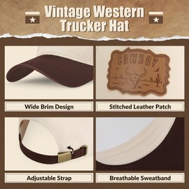 BELTROAD Vintage Western Trucker Hat Mens Texas Country Trucker Hat with Adjustable Snapback Retro Cowboy Pattern Design, Bull Head/Beige Coffee