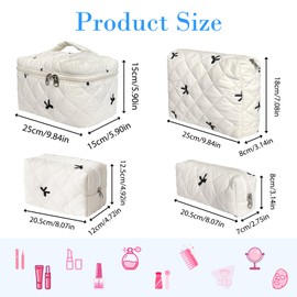 Quilted Makeup Bag, Large Capacity Travel Cosmetic Bag for Women and Girls, Aesthetic Storage for Daily and Travel Use, cream white, 4pcs-embroidered Bow