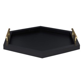 Kate and Laurel Halsey Hexagon Decorative Wood Tray with Polished Metal Handles Black