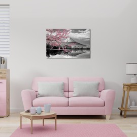 YeiLnm Japanese Mount Fuji Canvas Wall Art Black and White Cherry Blossom Picture Painting Decor for Home Office Bedroom Living Room Decor Frame