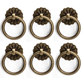 6Pcs Antique Bronze Ring Pulls Vintage Small Ring Pulls with Flower Deco Knobs Handles for Drawer Cabinet Closet Cupboard