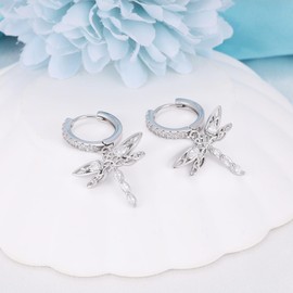 Dragonfly Earrings for Teens Women - Sterling Silver Dangle Hoop Earrings Hypoallergenic Cubic Zirconia Cute Animal Hoop Charms Earring Dainty Sparkle Jewelry Gifts for Daughter Granddaughter