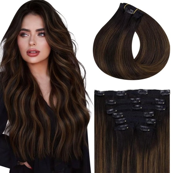 Vivien Real Hair Clip-In Extensions, Brown Balayage, 30 cm Clip-In Extensions, Natural Black Ombre to Medium Brown Extensions, #1B/6/1B, 7 Pieces, 80 g