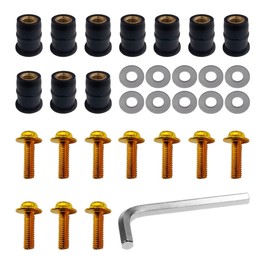 10 PCS Motorcycle Windshield Bolts Kit, Aluminum Body Mounting Screws Set, Universal Fairing Well Nuts Fastener Screw for Motorcycle Windshield and Body Panels (Gold)