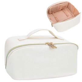 Relavel Travel Makeup Bag Cosmetic Bags Organizer Case Large Capacity for Women and Girls, Open Flat Waterproof Toiletry Bag Cute Pouch with Handle & Brush Compartment (Beige)