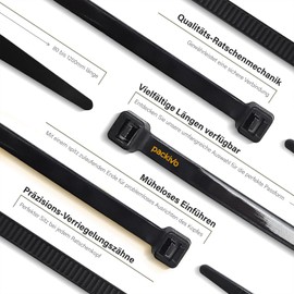 PACKIVO Cable Ties, Black, 400 mm x 4.8 mm, Pack of 100 UV-Resistant Cable Ties, 22 kg Tensile Strength, Indoor and Outdoor Buildings, Household, Office