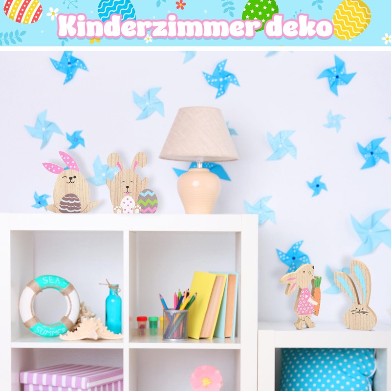 LIHAO 4 x Rabbit Decoration Set Easter Bunny Wooden Easter