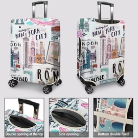 Vehcimbev Postage Stamp Luggage Cover with Pocket -Eiffel Tower,London Bridge and New York Bridge Postage Stamp Elastic Travel Suitcase Protector Fit 26-28 in Luggage Covers
