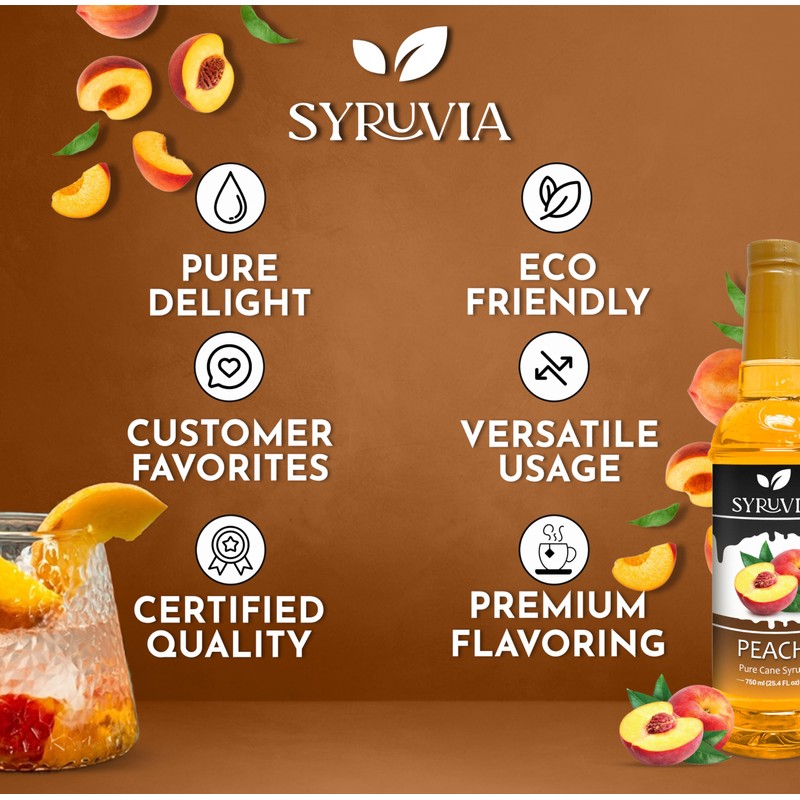 Syruvia Peach Syrup, Flavored Syrup for Drinks, Cocktails, Lemonades, Iced