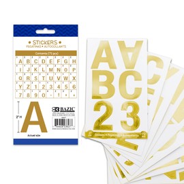 BAZIC Products Alphabet Numbers Stickers Gold Metallic Colors, 2" A to Z 0 to 9 Self-Adhesive Large Sticker for Labeling DIY Cards (72/Pack), 1-Pack