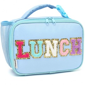 FlowFly Kids Lunch Bag, Durable Insulated School Lunch Box with Bottle Holder, Water-resistant Thermal Small Lunch Cooler Tote for Teen Boys & Girls,BlueWithLetter