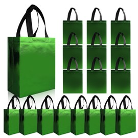 cabzymx 18 Pcs Glossy Small Gift Bags, Green Non-woven Holiday Gift Bags, 8 x 3.9 x 9.8 In Reusable Goodie Bag Bulk with Sturdy Base for Birthday, Wedding, Easter, Party