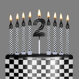 MTLEE 13 Pcs Race Car Birthday Cupcake Candles 1 to 9 Number Candle Black and White Checkered for Boy Kids Racing Cars Birthday Decoration Baby Shower Supplies(Number 2)