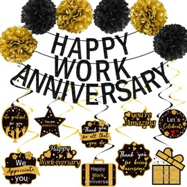 Tintisfafa Happy Work Anniversary Decorations Black Gold, Happy Anniversary Banner for Employee, Work Anniversary Workiversary Decorations for Party, We Appreciate You Office Party Decorations