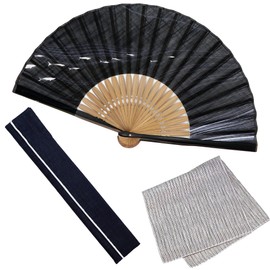 Osaka Choseido Folding Fan, Men's, Stylish, Business, Fan Bag, Handkerchief Included, Ren, navy
