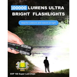 Rechargeable Flashlights High Lumens, Super Bright Flashlight 100000 Lumens, Powerful Tactical Flashlights, 5 Modes, Zoomable, IPX5 Waterproof, Handheld XHP160 LED Flashlight for Emergency Camping