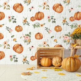 JarThenaAMCS Fall Wall Stickers Watercolor Pumpkin Floral Wall Decals Small Room Mural Stickers for Autumn Harvest Thanksgiving Home School Office Party Decor, 7.9 x 11.8 Inch, 9 Sheets