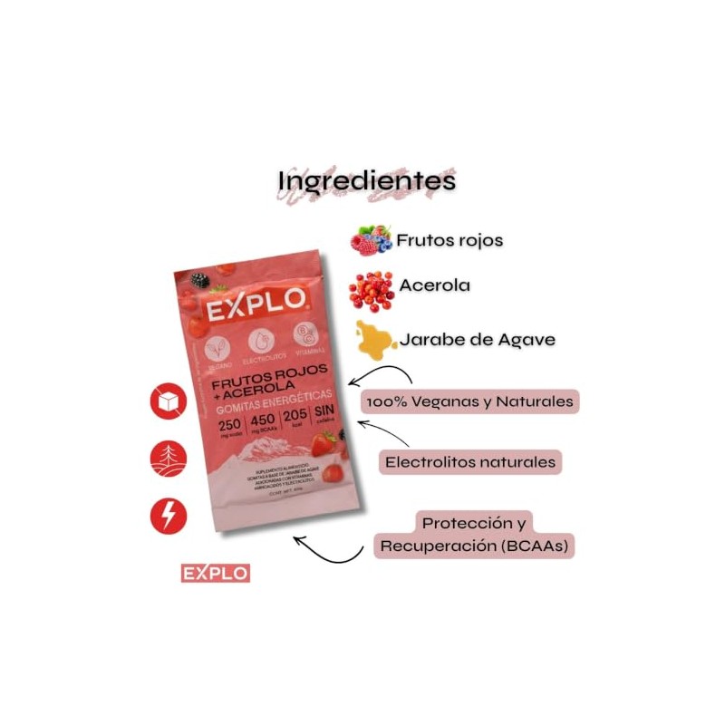 Explo Gomitas Energéticas Frutos Rojos Pack 60g Veganas Electrólitos Bcaas