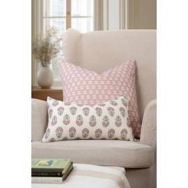 Crumbs Home Modern Farmhouse California Casual Indoor Outdoor Throw Pillow Cover, 22"x22" Water Repellent for Patio, Backyard, Couch, Poolside, Dark Rose Block Print Floral
