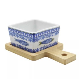 Portug'art Souvenirs Portuguese Azulejo Style Sauce & Snack Dish with Wooden Serving Tray, Sardine