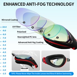 Nearsighted Swim Goggles, Polarized Swimming Goggles Anti-Fog, UV Protection, Dual Strap, Auto Buckle, Mirror/Non-Mirror Lens