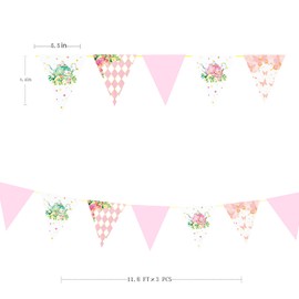 Spring Tea Party Decorations Pink and Gold Floral Flower Butterfly Teapot Teacup Plaid Paper Triangle Flag Pennant Banner Bunting for Spring Birthday Wedding Bridal Baby Shower Engagement Tea Party