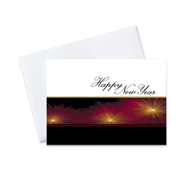 CEO Cards - New Year Greeting Cards (Firework Burst), 5x7 Inches, 25 Cards & 26 White with Gold Foil Lined Envelopes (N1002)