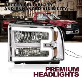 CNNELL Headlight Assembly with LED DRL Bar Compatible with 2005 2006 2007 Ford F250 F350 F450 F550 SuperDuty(Clear lens Chrome Housing Amber Reflector)