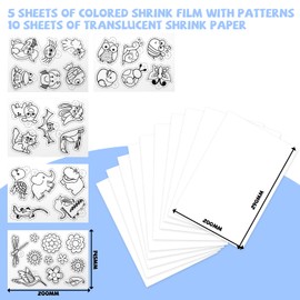 218 Piece Shrink Film Set, Shrink Film for DIY Crafts Set with A4 Shrink Paper & A5 Shrink Wrap with Patterns Colouring Pencils Hole Punch Set Key Ring for Children