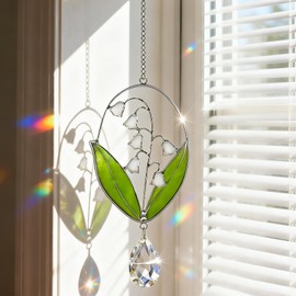Real Lily of the Valley Stained Glass Suncatcher Window Hanging, Birth Flower Plant Room Decor, Home Gardening Gifts for Women Plant Lover 6.7in