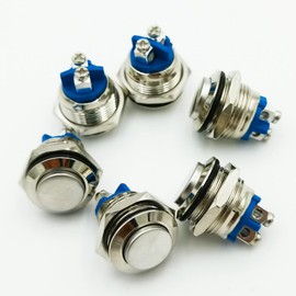 GUUZI Pack of 6 16 mm Momentary Push Button 3A/250 VAC 5A/12V DC Waterproof Power Push Button Small Round Chrome Stainless Steel Metal 2-Pin Closer (High Head)