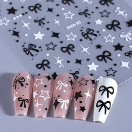 6 Sheets Bow Star Nail Art Stickers Decals Self-Adhesive 3D Nail Art Supplies Black Pink White Cute Bow Nail Art Design Decoration Accessories Star Nail Decals for Women Girls Manicure DIY