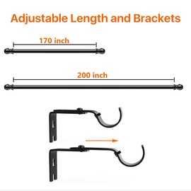 Extra Long Curtain Rods 120-inch to 170-inch/200-inch, Heavy Duty 1 inch Curtain Rods for Windows Easy Install, Adjustable Metal Thick Drapery Rods for Bedroom, Patio, Living Room, Black