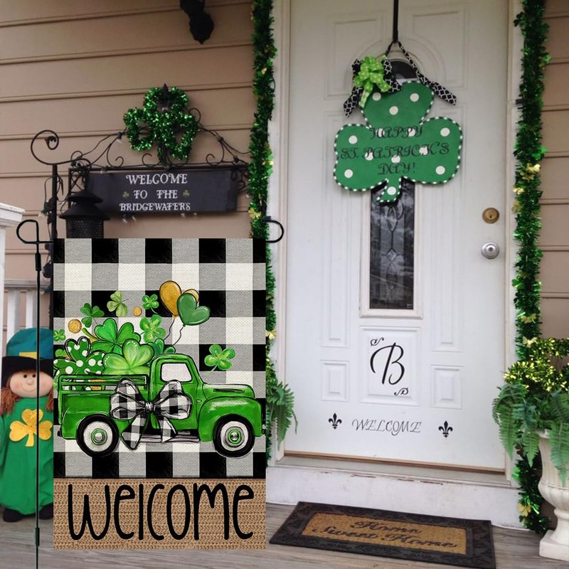 CROWNED BEAUTY St Patricks Day Shamrocks Truck Garden Flag 12x18
