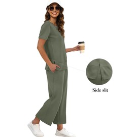 XIEERDUO Tracksuit for Women Casual Summer Two Piece Travel Outfits 2 Pc Lounge Set Spring Wide Leg Loungewear Short Sleeve Sweatsuit Women's Sweat Sets Green L