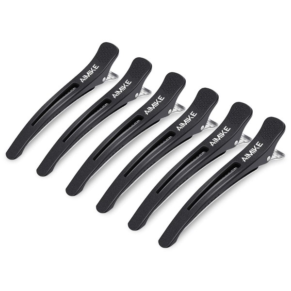AIMIKE 6pcs Professional Hair Clips for Styling Sectioning, Non Slip No-Trace Duck Billed Hair Clips with Silicone Band, Salon and Home Hair Cutting Clips for Hairdresser, Women, Men - Black 4.3” Long
