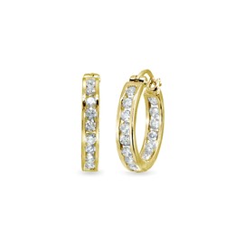 Sterling Silver 3mm Channel-Set Inside Out Cubic Zirconia Round Hoop Earrings, Options Available, Metal, Cubic Zirconia