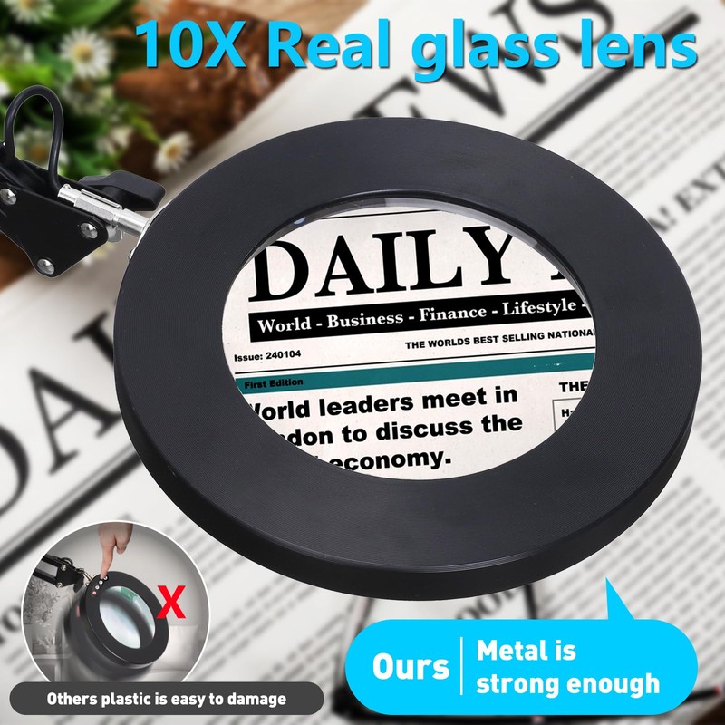 KIRKAS 10X Magnifying Glass with Light and Stand, 2-in-1 Stepless