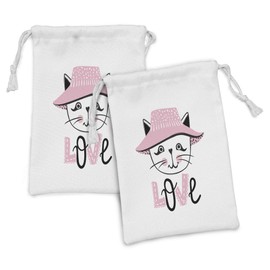 Ambesonne Cat Fabric Pouch Set of 2, Feminine Kitten Face in a Girly Hat Love Typography, Small Drawstring Bag for Toiletries Masks and Favors, 9" x 6", Pale Pink Charcoal Grey