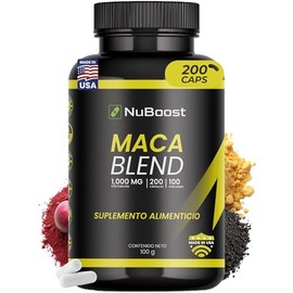 NuBoost Maca Peruana 1000 mg - 200 Cápsulas - Maca Negra, Roja y Amarilla con Pimienta Negra - 100 Porciones - Suplemento Natural - Maca Root - Hecho 