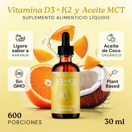 SEREMONY Vitamina D3 + K2 Con MCT Oil Aceite de Coco Orgánico Liposomal, 400 UI por Porción, 30 ml, Líquido en Gotas, Suplemento Alimenticio, Sin Azúcar, Sabor Naranja, Plant Based